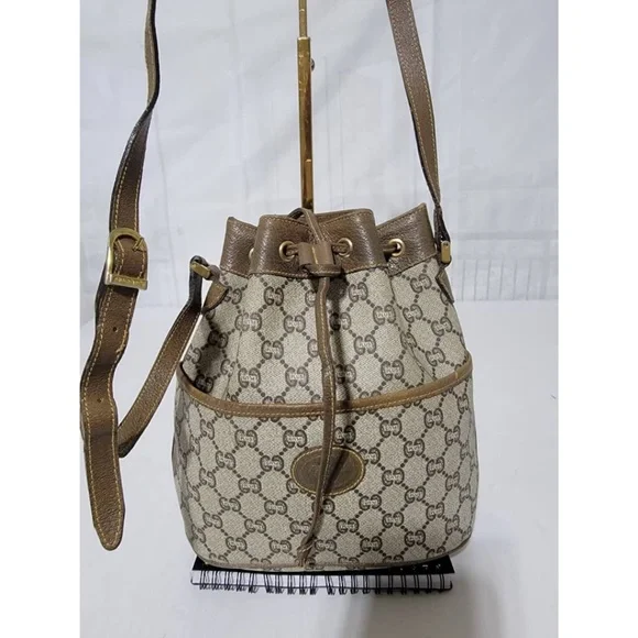 Authentic GUCCI Vintage GG Plus Shoulder Cross Drawstring Bag Beige/Brown - Picture 4 of 16